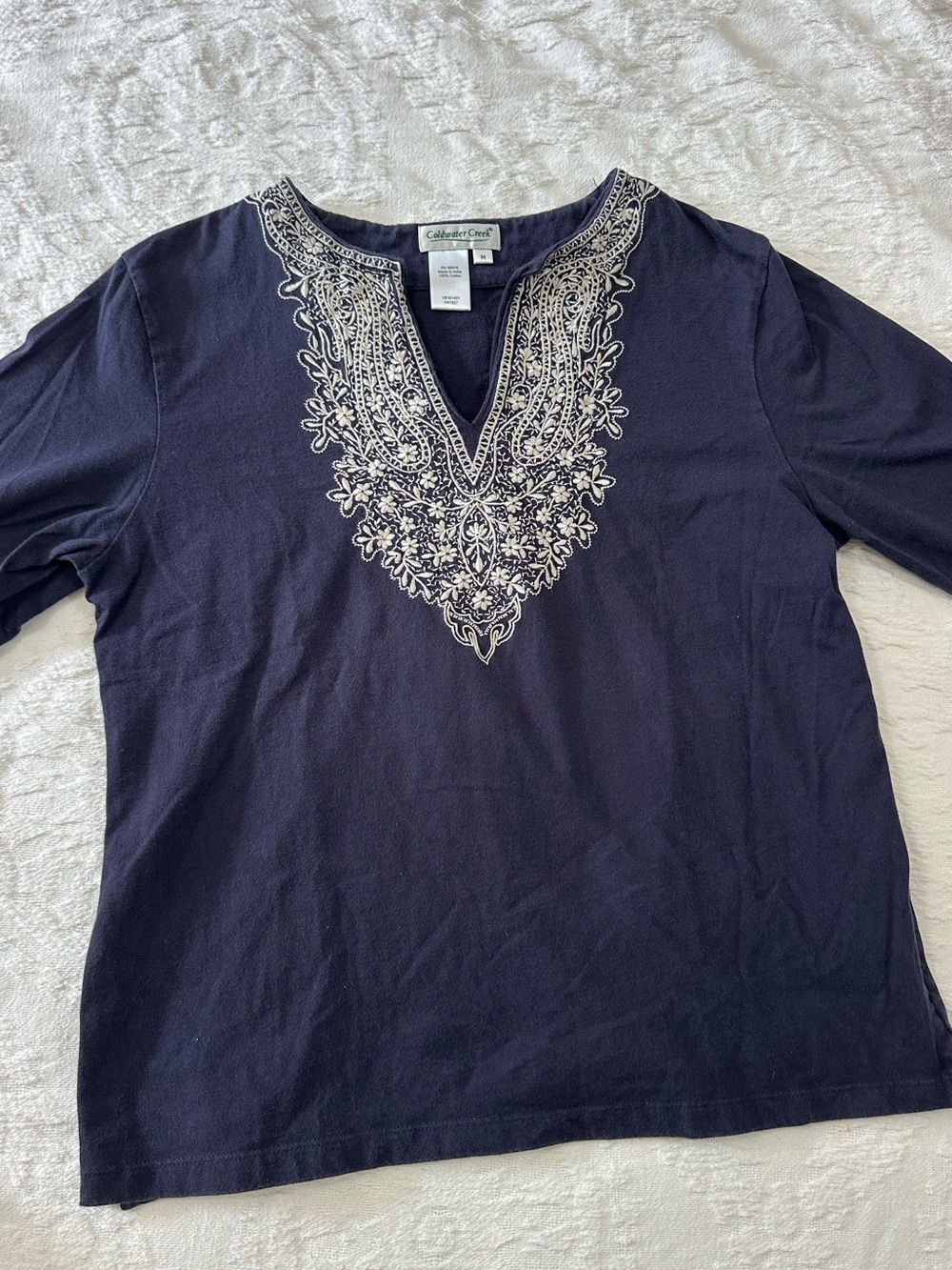 Coldwater Creek Navy Embroidered 3/4 Sleeve Long Sleeve